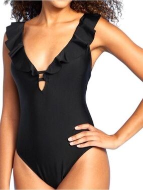 NWT Shade & Shore Ruffled V-Neck Black One-Piece Swimsuit M